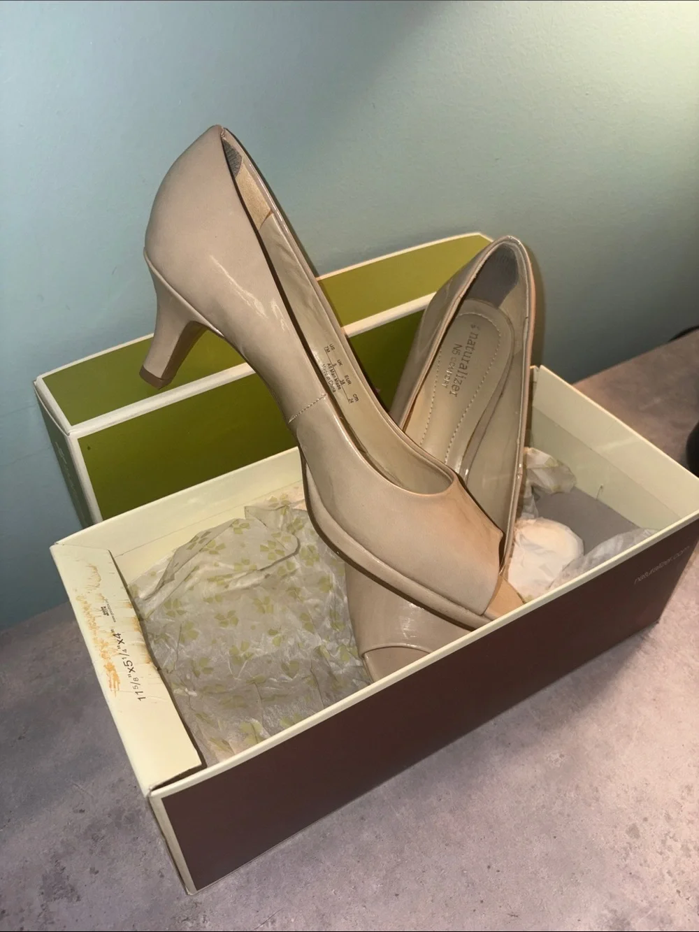 Peep-Toe Nude Patent Mid-Heel Pumps